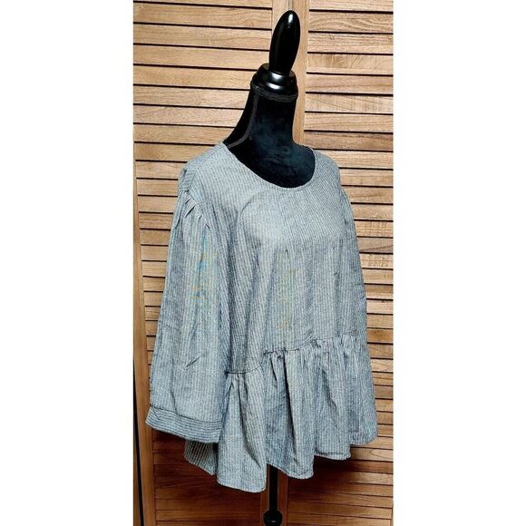 Boohoo New Plus Size 20 Gray Peplum Keyhole Stripe 3/4 Sleeve Smock Casual Top - Picture 2 of 5